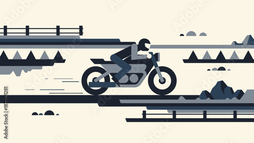 Man riding a motorcycle on a stylized road with abstract landscape elements