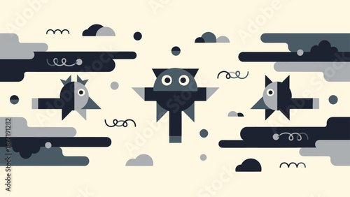 Whimsical Geometric Creatures and Clouds Vector Illustration
