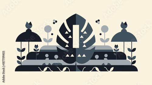 Abstract Geometric Tropical Garden with Monstera Leaf and Flowers