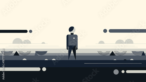 Minimalist Figure Standing in Abstract Landscape