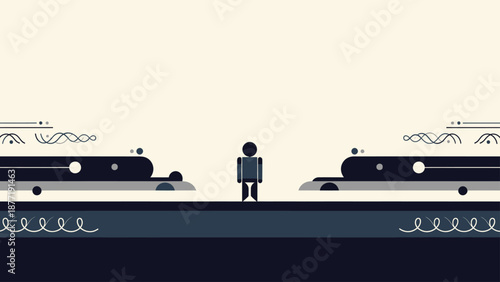 Minimalist Figure Standing Between Abstract Landscape Elements