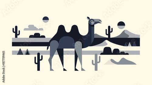 Stylized Camel in Desert Landscape Vector Illustration