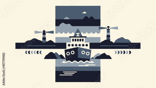 Nautical Voyage Vector Illustration with Ship and Lighthouses