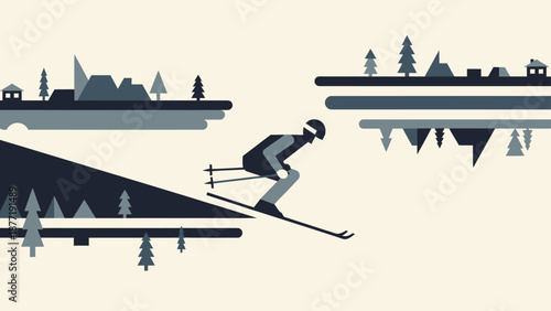 Skier Descending Mountain Slope with Village Scene Vector Illustration
