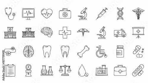 Collection of medical and healthcare icons in a grid layout.