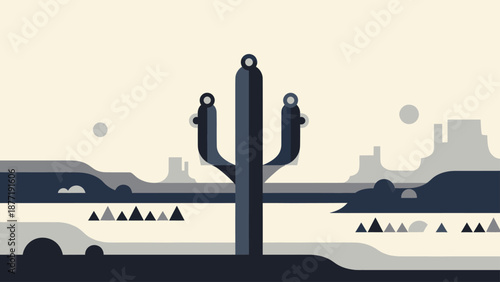 Photos Stylized Desert Landscape with Saguaro Cactus and Distant Mesas