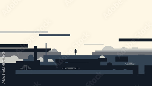Minimalist Geometric Landscape with Solitary Figure and Abstract Forms