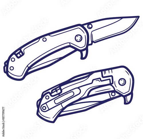 Two detailed vector illustrations of modern pocket knives with open and closed blades