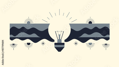 Abstract Light Bulb Idea Concept with Geometric Sunbursts and Waves