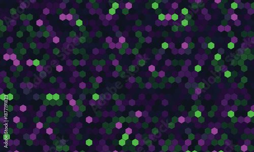Vibrant abstract background with scattered hexagonal shapes in purple and green perfect for technology data and modern digital design