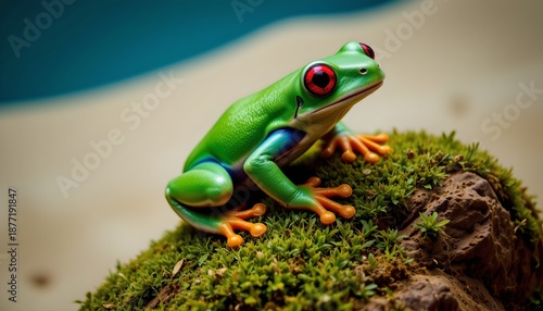 Vivid Green Frog Perched Moss and Bark Nature