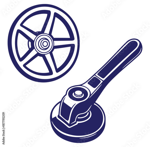 Vector illustration featuring grinding tool and abrasive wheel in blue on white background