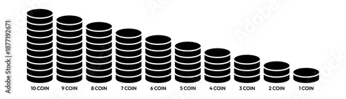 Coin 1, 2, 3, 4, 5, 6, 7, 8, 9, 10 icon set. Money, budget, savings, loan, cash, earning, income, wallet, currency, dollar, coins, forex, revenue, profit icons. Finance business line icon collection.