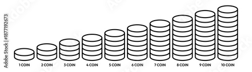 Coin 1, 2, 3, 4, 5, 6, 7, 8, 9, 10 icon set. Money, budget, savings, loan, cash, earning, income, wallet, currency, dollar, coins, forex, revenue, profit icons. Finance business line icon collection.