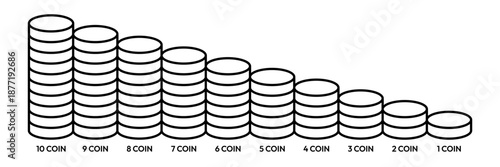Coin 1, 2, 3, 4, 5, 6, 7, 8, 9, 10 icon set. Money, budget, savings, loan, cash, earning, income, wallet, currency, dollar, coins, forex, revenue, profit icons. Finance business line icon collection.