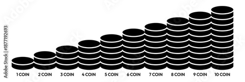 Coin 1, 2, 3, 4, 5, 6, 7, 8, 9, 10 icon set. Money, budget, savings, loan, cash, earning, income, wallet, currency, dollar, coins, forex, revenue, profit icons. Finance business line icon collection.