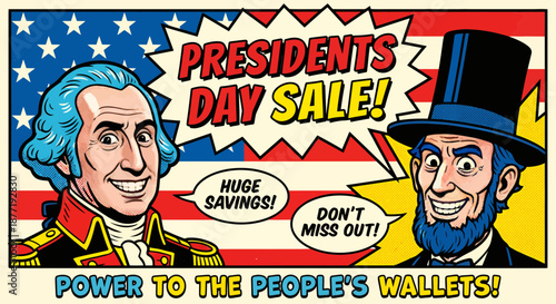 Illustration of George Washington and Abraham Lincoln promoting Presidents Day sale with patriotic elements and vintage style