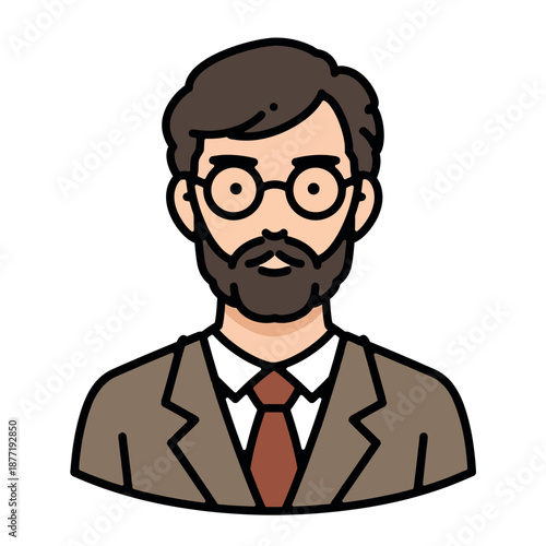 A cartoon illustration of a man with glasses and a beard in a business setting from a frontal viewpoint