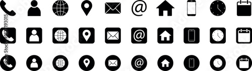 Business card contact information icons. Set of location and contacts flat vector symbols. Black circle white icon and simple black variation