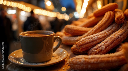 Fresh churros dusted with sugar are served with a cup of thick hot chocolate amid glowing Christmas market lights and blurred festive crowds. 