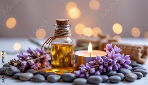 Aromatherapy Oil Bottle with Candle and Flowers on Smooth Stones for Relaxation and Wellness Decor