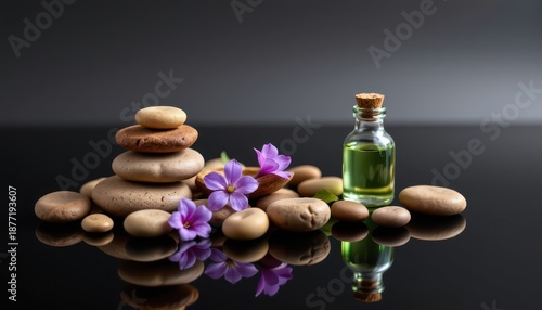 Tranquil Spa Arrangement with Stones, Flowers, and Bottled Essential Oil for Relaxation and Wellness
