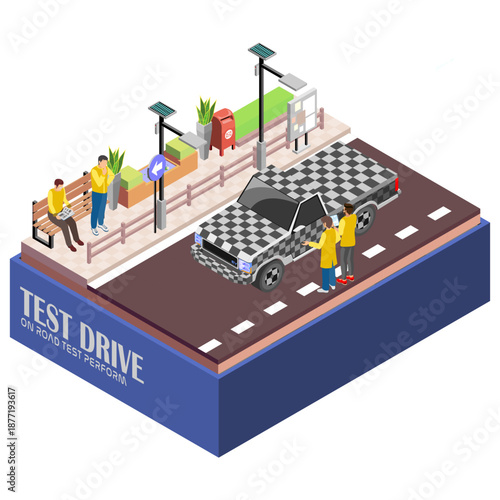 Isometric illustration of car test drive scene with customers and vehicle on road, representing automotive marketing, customer experience, and vehicle performance evaluation.
