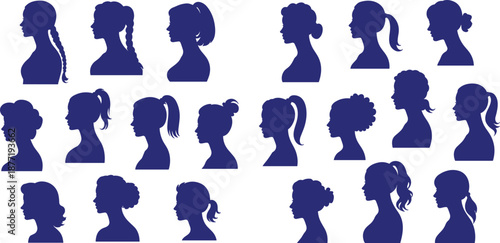 Blue female profile silhouettes with diverse hairstyles including braids, buns, curls, and ponytails in grid layout for fashion and identity illustration