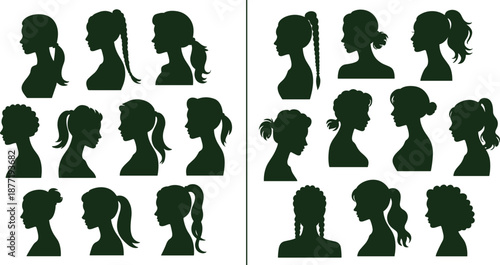 Female head profile silhouettes set with diverse women hairstyles, ponytails and buns, beauty and fashion portrait icons collection illustration isolated on white background