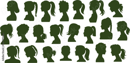 Green female profile silhouettes with diverse hairstyles including braids, buns, afros, and ponytails in grid layout for fashion and identity illustration