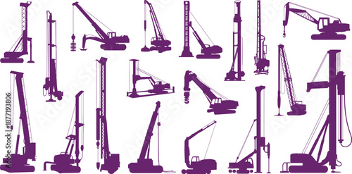 Construction crane and drilling rig silhouettes set featuring heavy machinery for building, industrial engineering and infrastructure projects, technical equipment icons illustration isolated