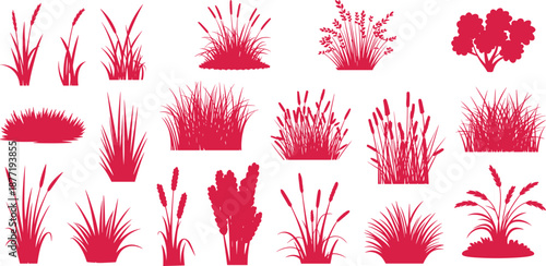 Grass, bush and plant silhouettes set showing meadow vegetation, reeds and shrubs, natural landscape foliage elements collection illustration isolated on white background