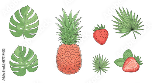Colorful summer tropical fruits and plants illustration representing a vibrant paradise composition