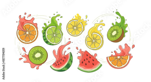 Colorful assortment of vibrant fruit slices with splashes of juice illustration