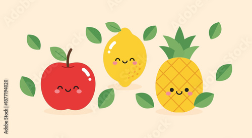 Cute Cartoon Fruits: Apple, Lemon, and Pineapple with Smiling Faces and Green Leaves
