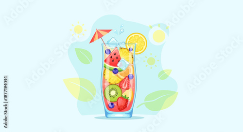 Delicious and refreshing summer fruit cocktail with ice cubes in a glass design illustration