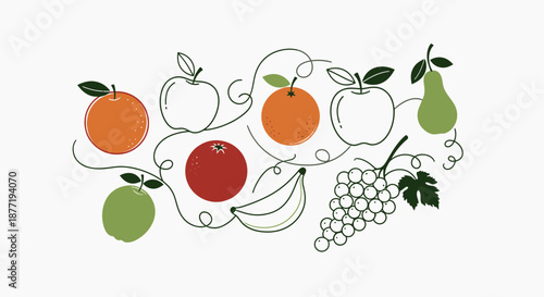 Delightful fruit assortment composition of apples, oranges, pears, grapes, and bananas creates a