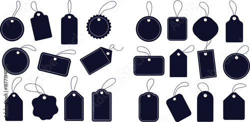Blank price tag and label silhouettes set with hanging strings, retail sale and product branding tags collection illustration isolated on white background