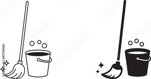  Cleaning Mop Outline and Solid Vector Icon Isolated on White Background. Vector Symbol for Housekeeping.