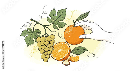 Exquisite still life illustration showcasing vibrant fruits in artistic arrangement