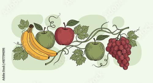 Elegant fruit illustration featuring bananas, apples, and grapes with leaves and tendrils for