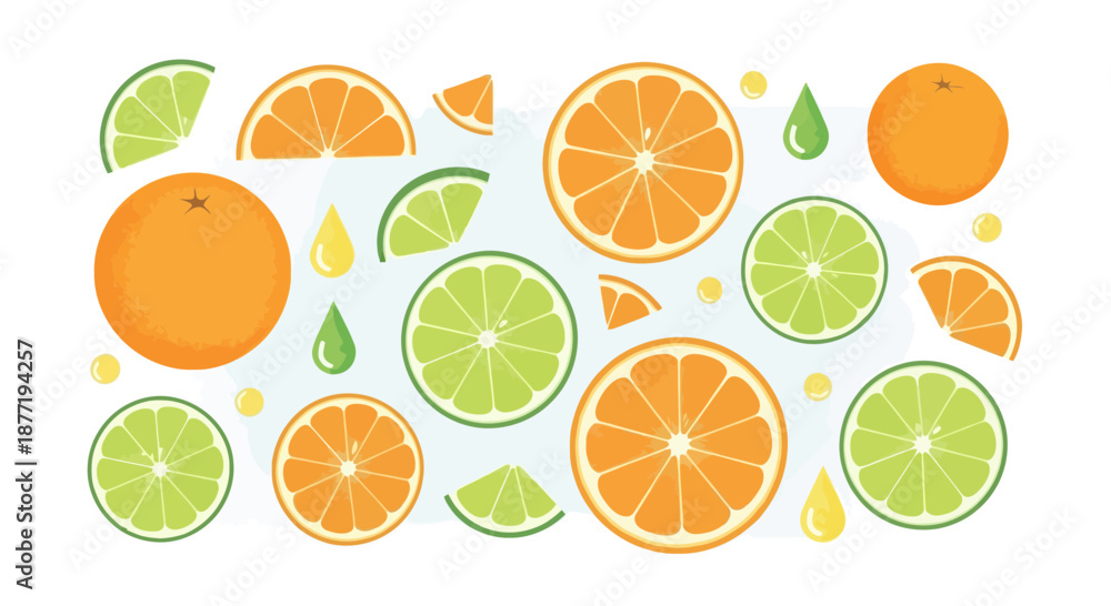 Obraz premium Vibrant citrus fruit illustration showcasing oranges limes and juice drops creating a refreshing