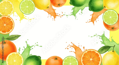 Vibrant citrus fruit frame with splashing juice watercolor style for summer designs