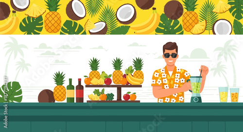 Tropical Smoothie Bar Scene with Fruits and Bartender, Summer Vacation Concept design