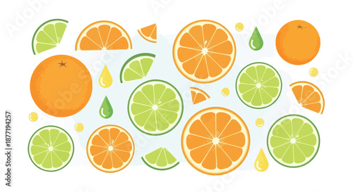 Vibrant citrus fruit illustration showcasing oranges limes and juice drops creating a refreshing