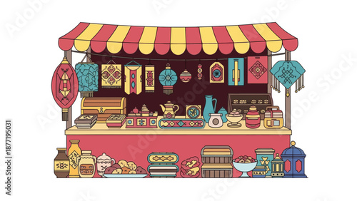 Festive market stall with crafts and decorations