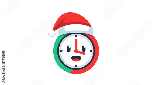 Cute Christmas Clock Character with Santa Hat - Vector Illustration