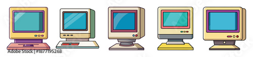 Collection of five retro personal computer monitors with colorful screens