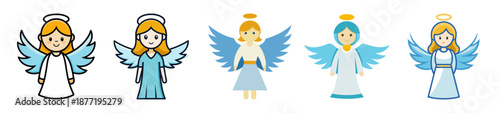 Five charming cartoon angels with halos and blue wings