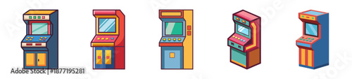 Six colorful retro arcade game machines with various designs